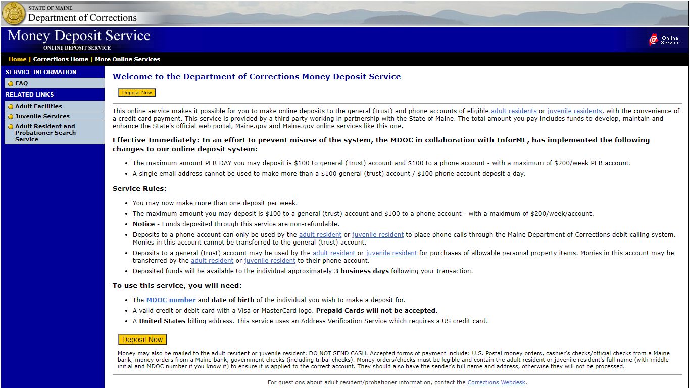 Welcome to the Department of Corrections Money Deposit Service - Maine