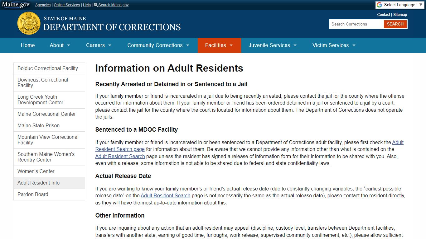 Information on Adult Residents | Department of Corrections